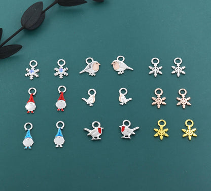 Christmas Charms for Huggie Hoops in Sterling Silver, Snowflake Charms, Gnome Charms, Bird Charms for Hoops Earrings, Robin Bird Hoop Charms