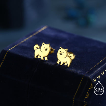 Pomeranian Dog Sterling Silver Stud Earrings, Silver or Gold or Rose Gold Finish, Small Spitz Dog Earrings, Silver Dog Earrings