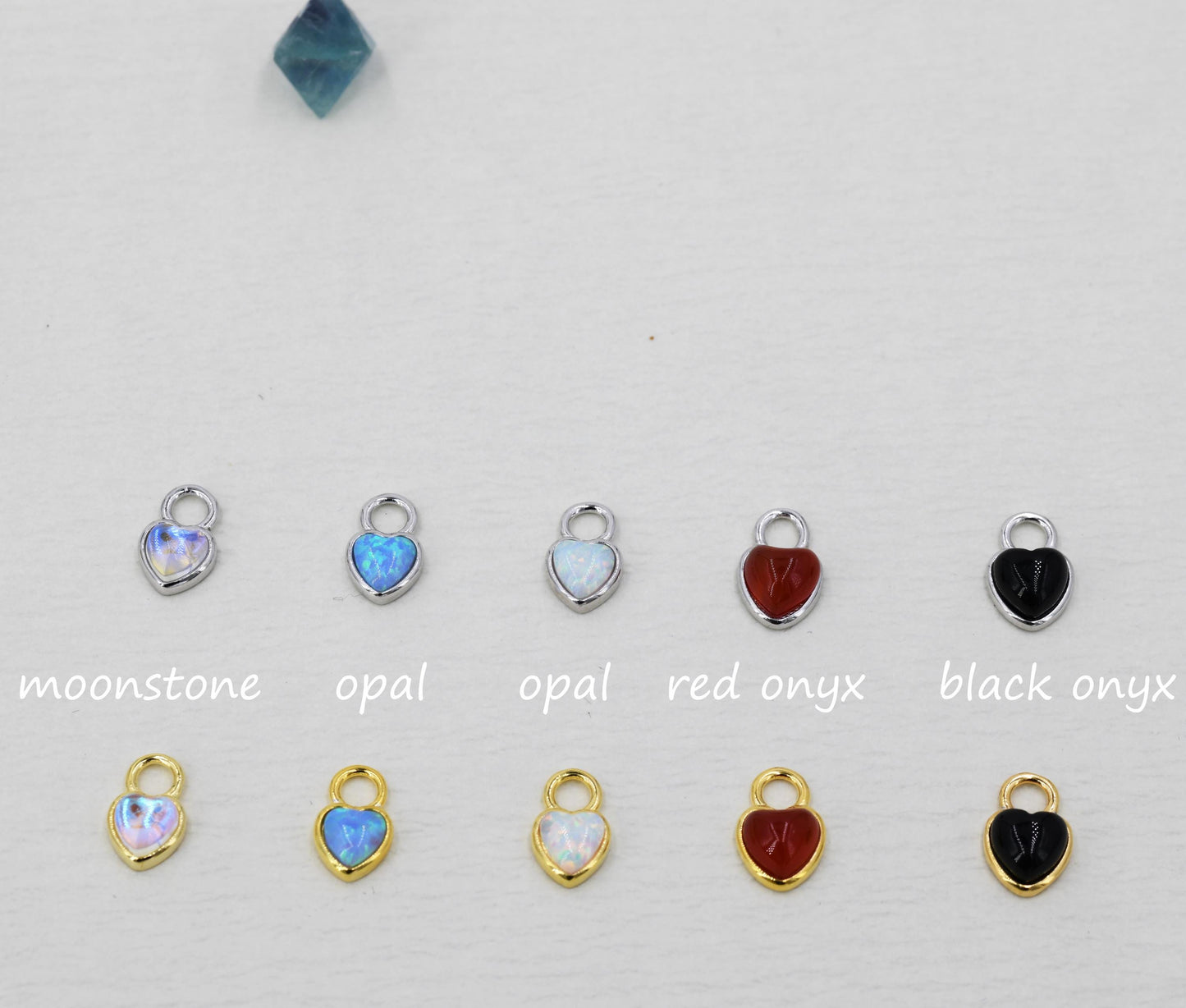Moonstone/Opal/Onyx Heart Charms for Huggie Hoops, Detachable Heart Charms, Lab Created Moonstone/Opal Charms for Hoops, Red and Black Onyx