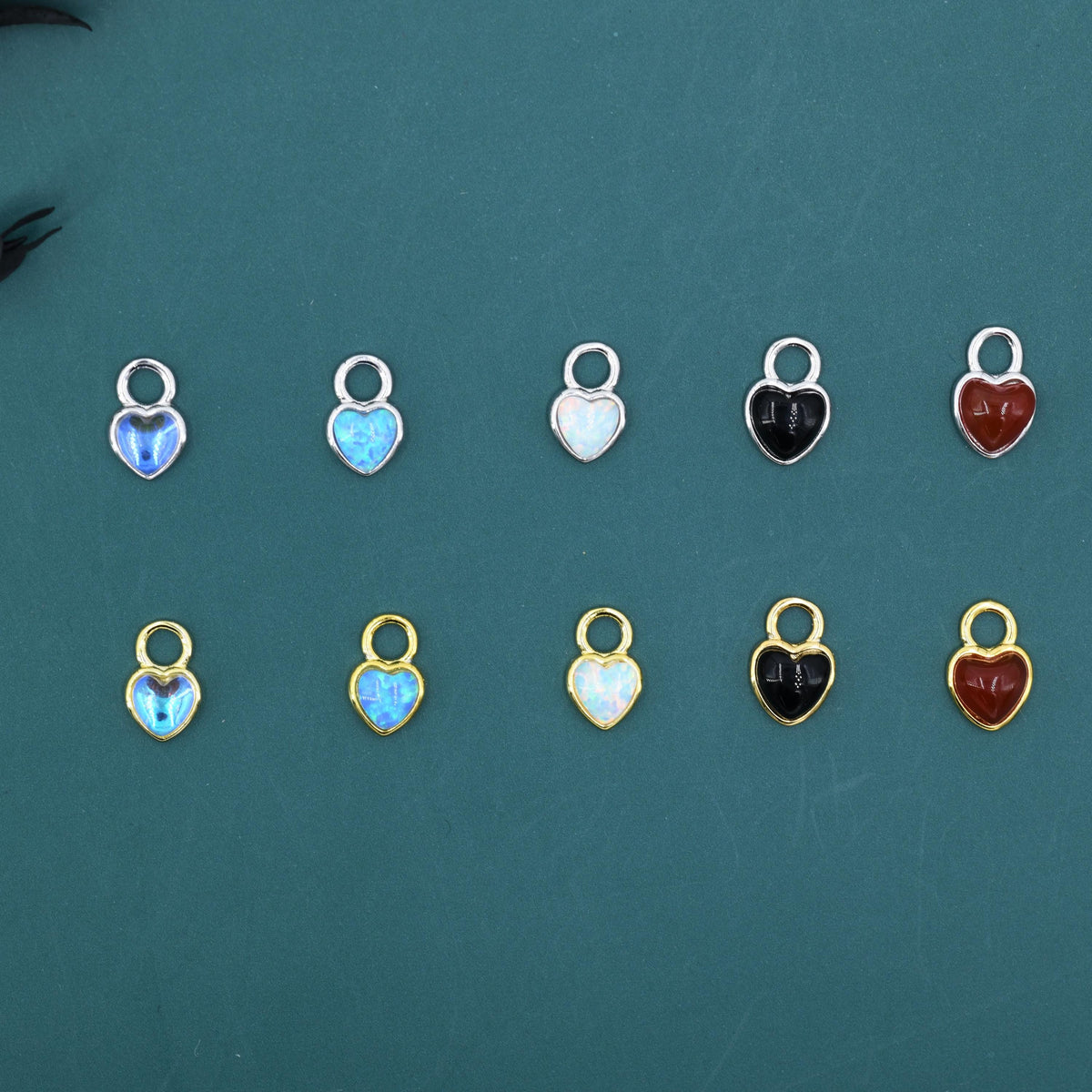 Moonstone/Opal/Onyx Heart Charms for Huggie Hoops, Detachable Heart Charms, Lab Created Moonstone/Opal Charms for Hoops, Red and Black Onyx