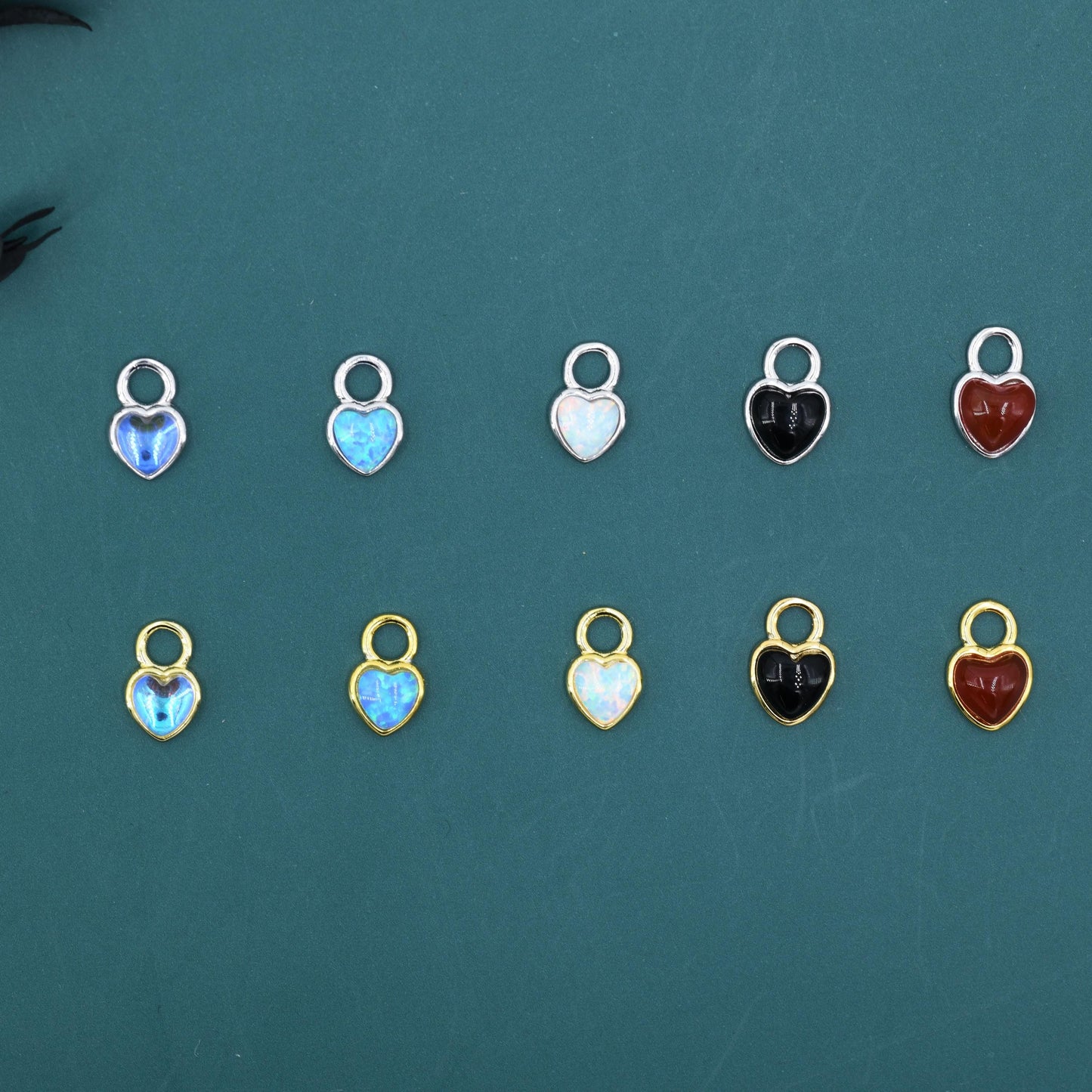 Moonstone/Opal/Onyx Heart Charms for Huggie Hoops, Detachable Heart Charms, Lab Created Moonstone/Opal Charms for Hoops, Red and Black Onyx