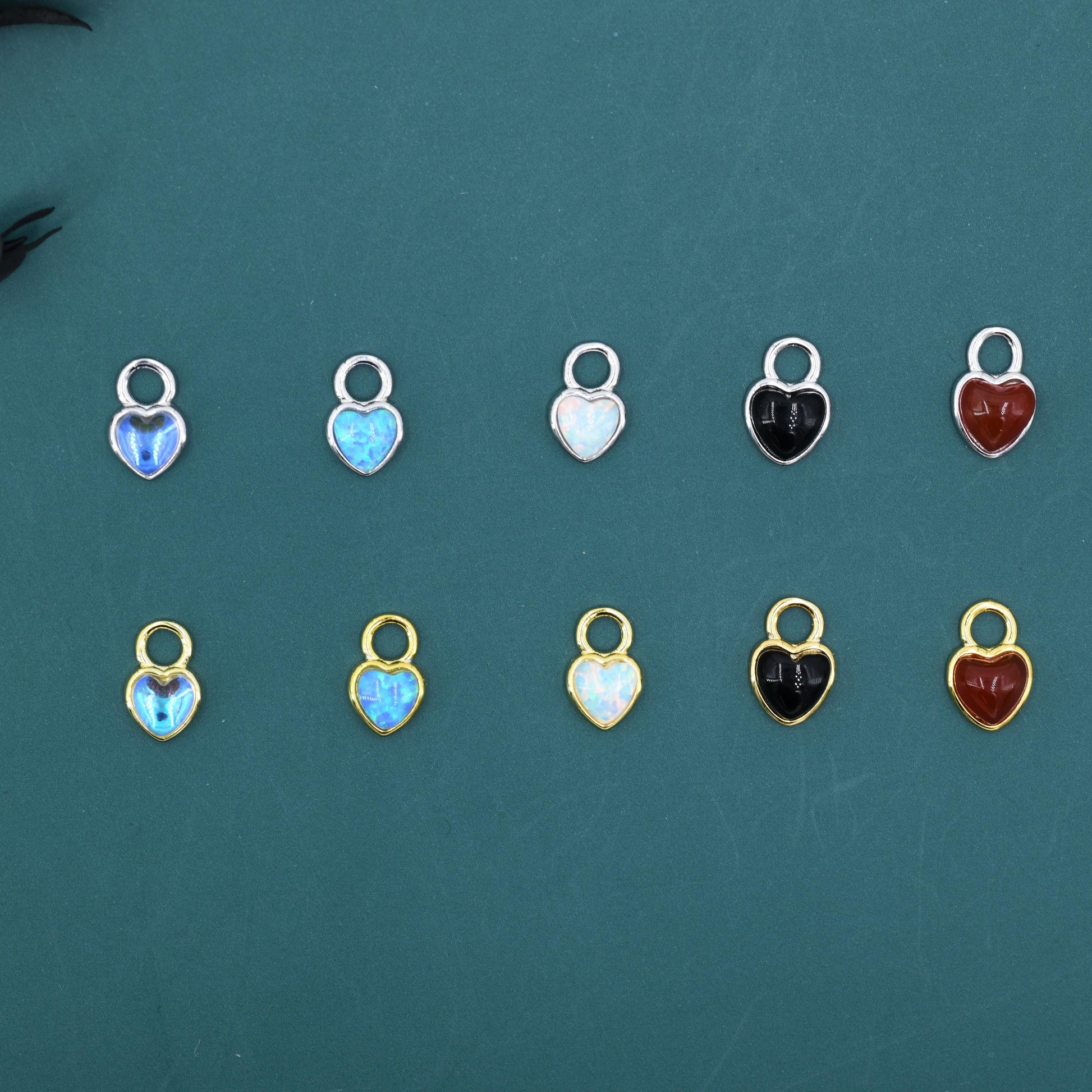 Moonstone/Opal/Onyx Heart Charms for Huggie Hoops, Detachable Heart Charms, Lab Created Moonstone/Opal Charms for Hoops, Red and Black Onyx