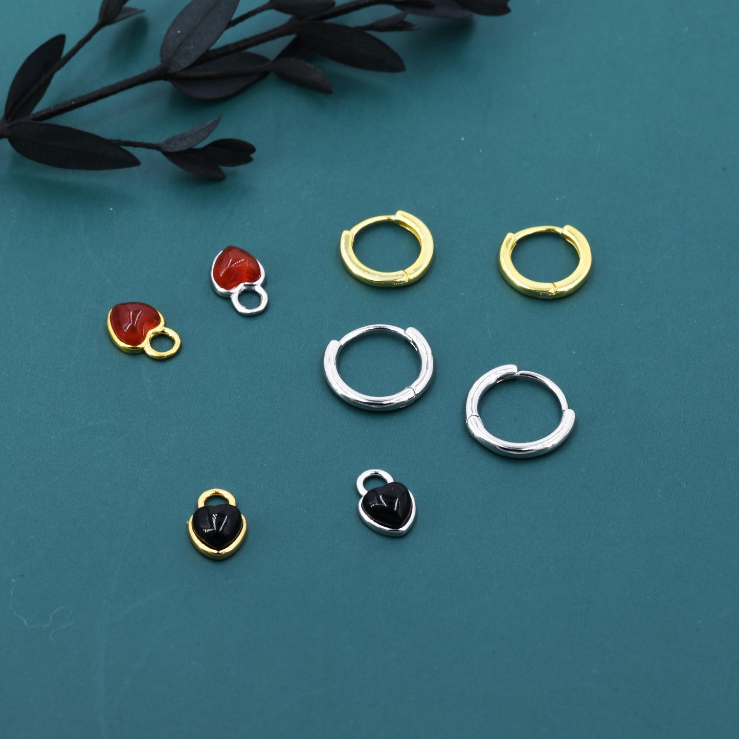 Moonstone/Opal/Onyx Heart Charms for Huggie Hoops, Detachable Heart Charms, Lab Created Moonstone/Opal Charms for Hoops, Red and Black Onyx