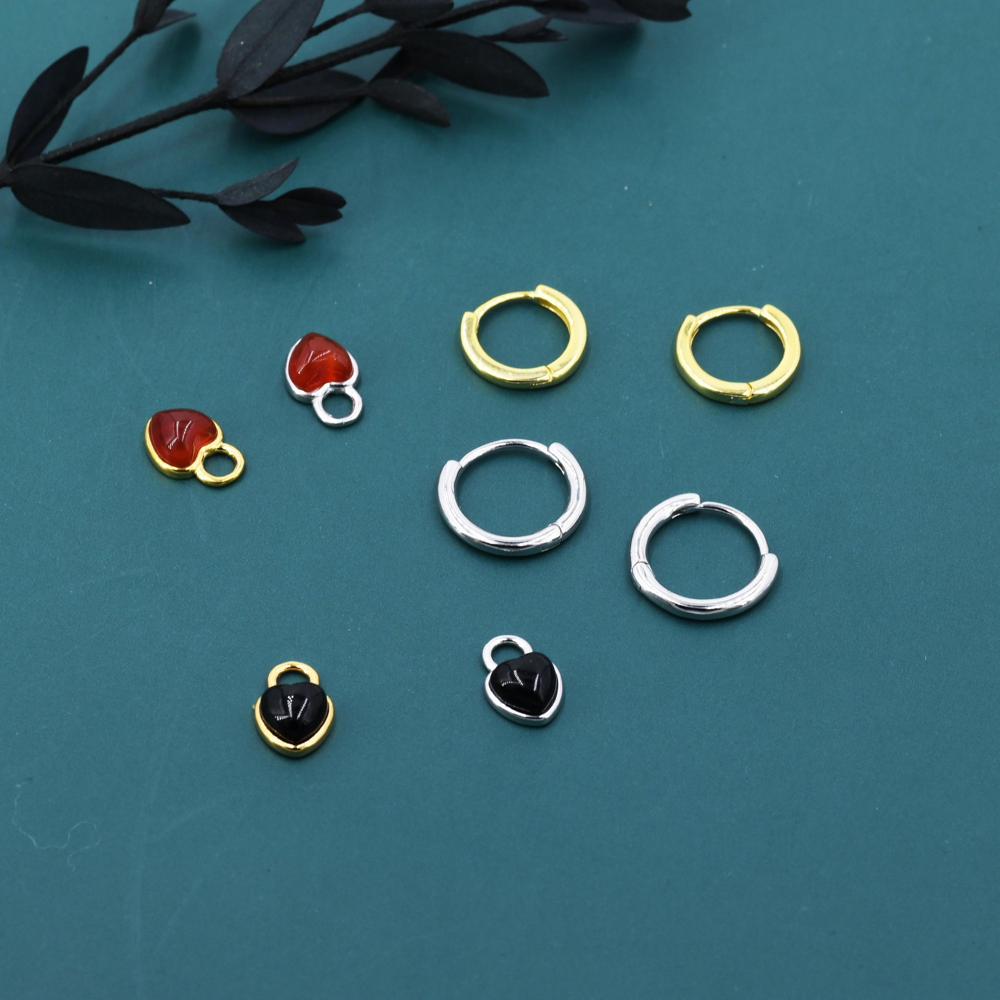 Moonstone/Opal/Onyx Heart Charms for Huggie Hoops, Detachable Heart Charms, Lab Created Moonstone/Opal Charms for Hoops, Red and Black Onyx