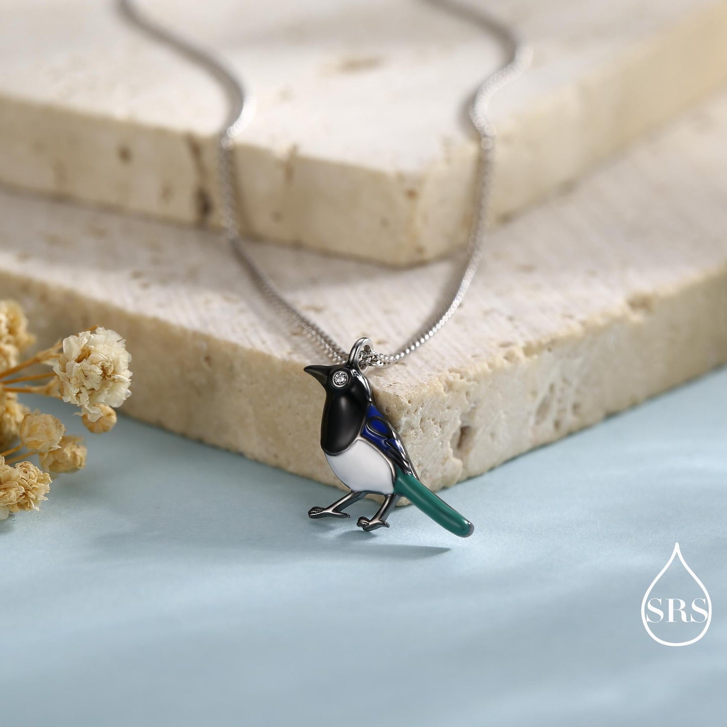 Magpie Pendant Necklace in Sterling Silver, Black Rhodium Coated Pendant, Cute Magpie Necklace, Bird Necklace, Nature Inspired