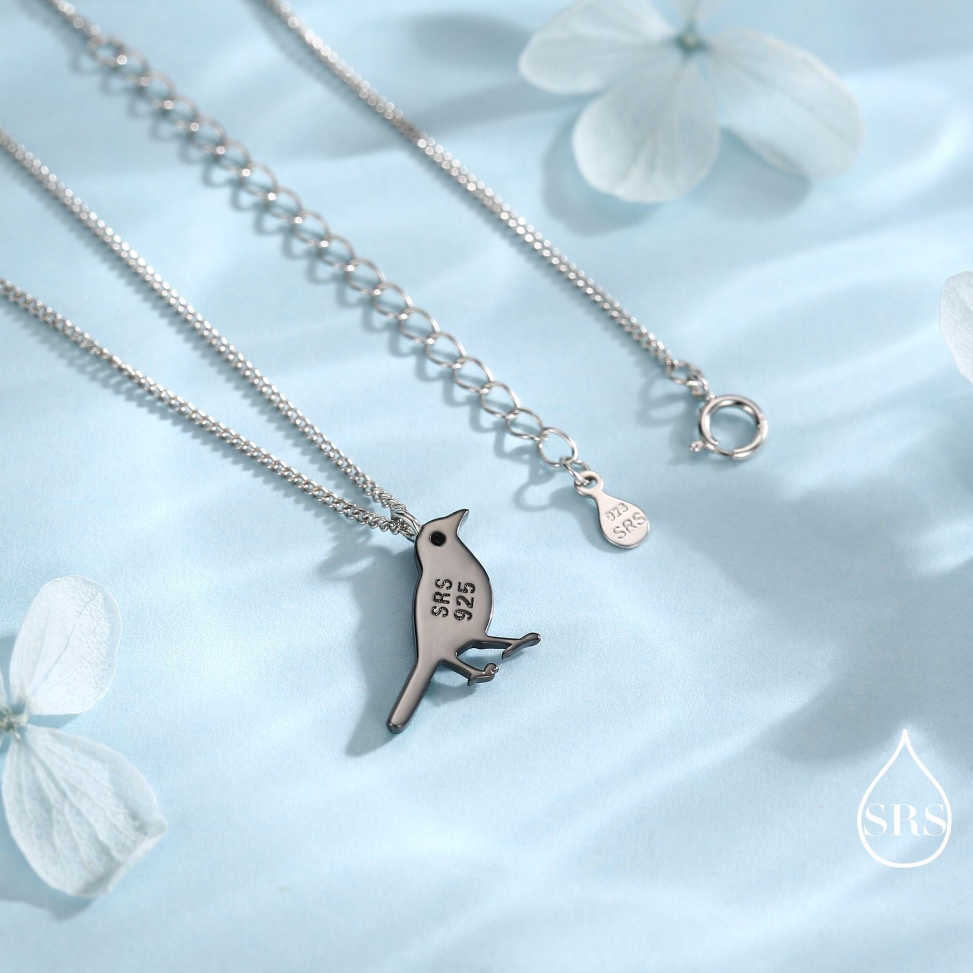 Magpie Pendant Necklace in Sterling Silver, Black Rhodium Coated Pendant, Cute Magpie Necklace, Bird Necklace, Nature Inspired