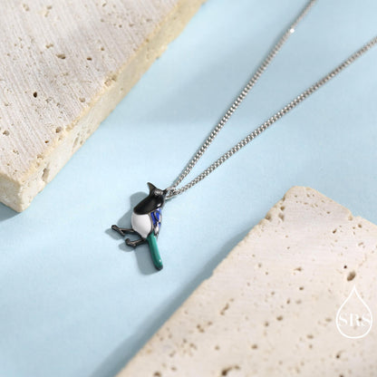Magpie Pendant Necklace in Sterling Silver, Black Rhodium Coated Pendant, Cute Magpie Necklace, Bird Necklace, Nature Inspired