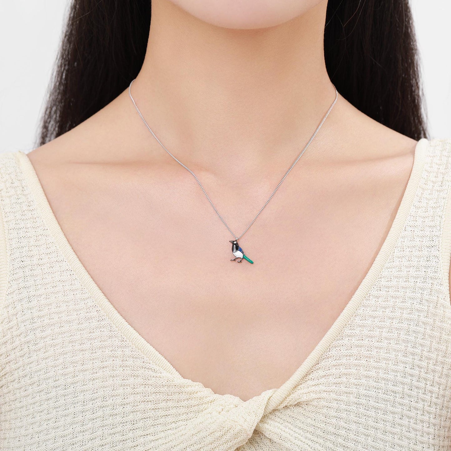 Magpie Pendant Necklace in Sterling Silver, Black Rhodium Coated Pendant, Cute Magpie Necklace, Bird Necklace, Nature Inspired