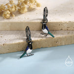 Magpie Enamel Huggie Hoop Earrings in Sterling Silver, Magpie Bird Earrings, Nature-Inspired Animal Earrings