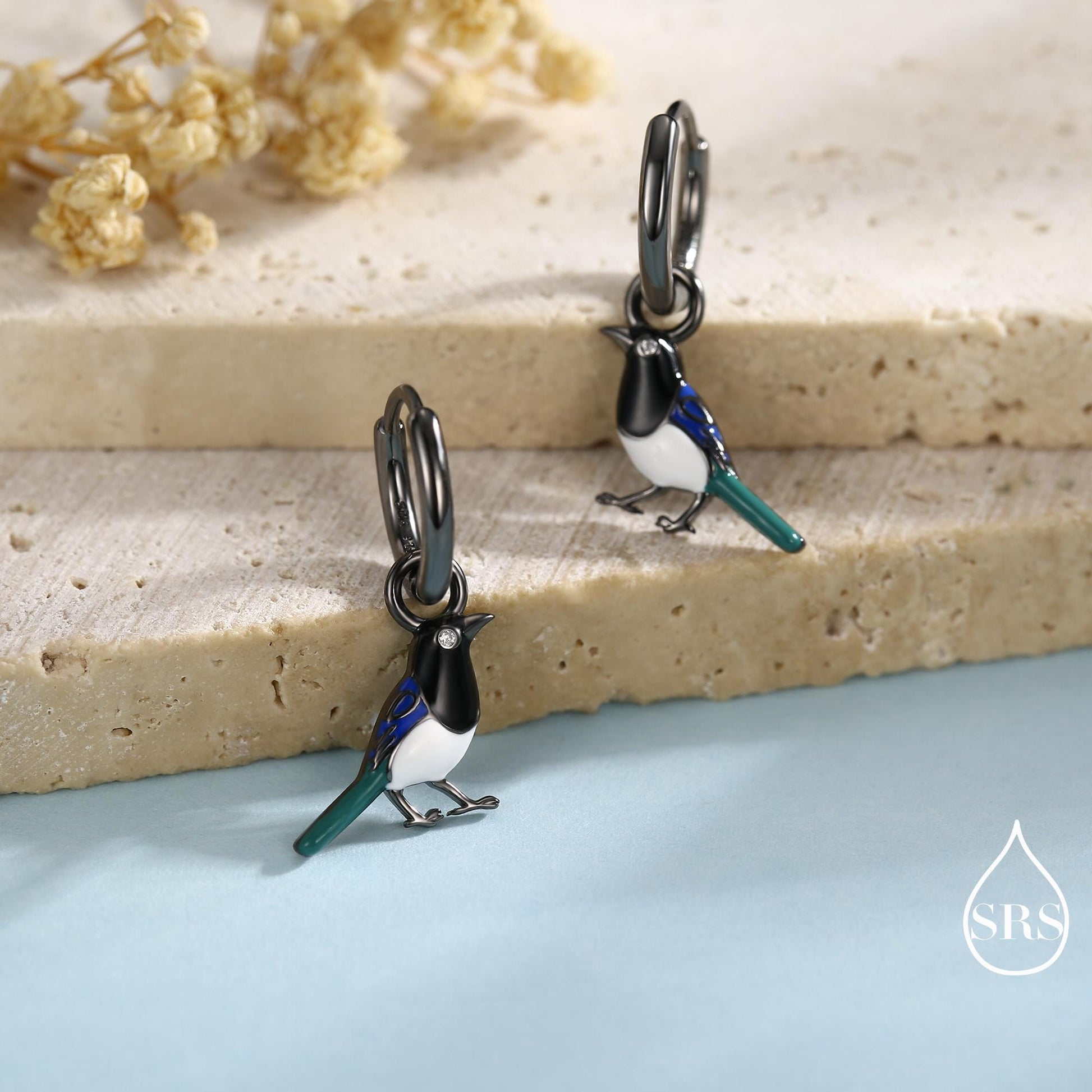 Magpie Enamel Huggie Hoop Earrings in Sterling Silver, Magpie Bird Earrings, Nature-Inspired Animal Earrings