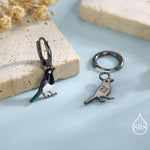 Magpie Enamel Huggie Hoop Earrings in Sterling Silver, Magpie Bird Earrings, Nature-Inspired Animal Earrings