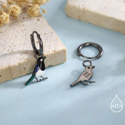 Magpie Enamel Huggie Hoop Earrings in Sterling Silver, Magpie Bird Earrings, Nature-Inspired Animal Earrings