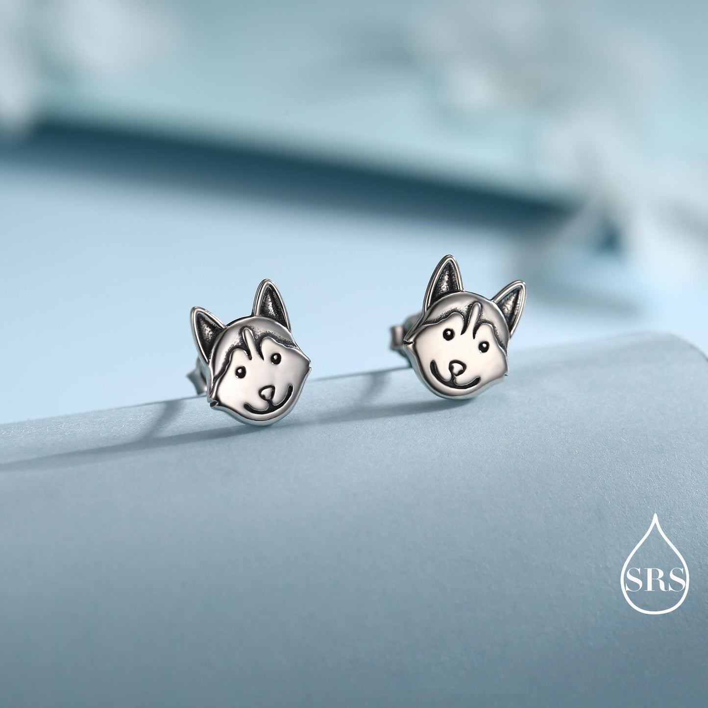 Husky Sterling Silver Stud Earrings, Oxidised Finish Husky Dog Earrings, Pet Lover Gift, Dog Stud Earrings