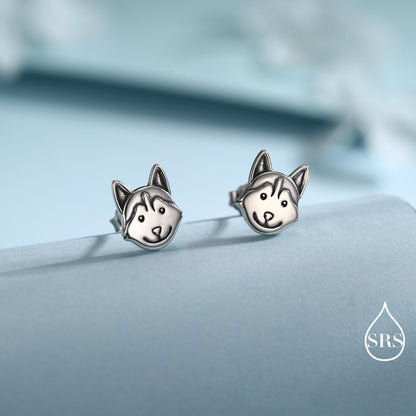 Husky Sterling Silver Stud Earrings, Oxidised Finish Husky Dog Earrings, Pet Lover Gift, Dog Stud Earrings