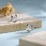 Husky Sterling Silver Stud Earrings, Oxidised Finish Husky Dog Earrings, Pet Lover Gift, Dog Stud Earrings