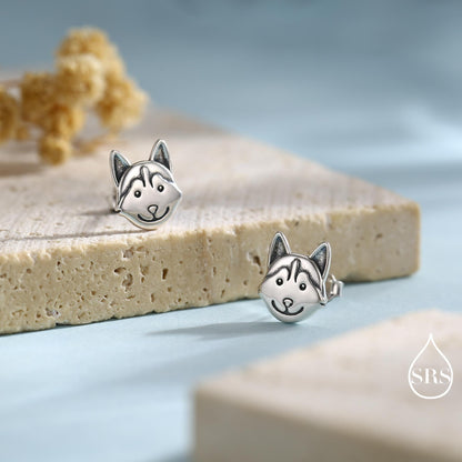 Husky Sterling Silver Stud Earrings, Oxidised Finish Husky Dog Earrings, Pet Lover Gift, Dog Stud Earrings