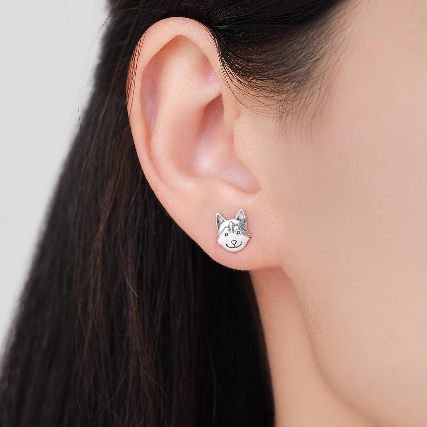 Husky Sterling Silver Stud Earrings, Oxidised Finish Husky Dog Earrings, Pet Lover Gift, Dog Stud Earrings