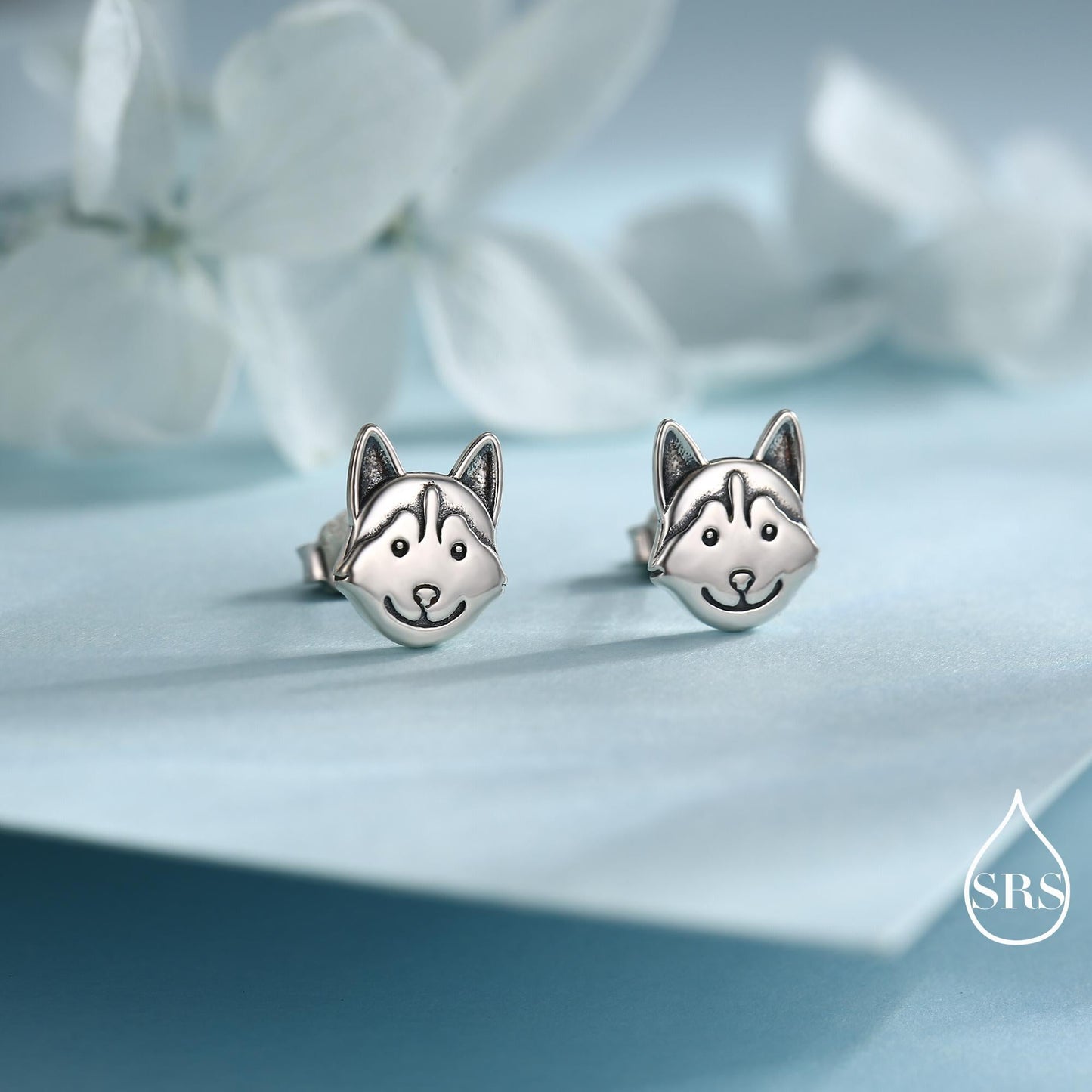 Husky Sterling Silver Stud Earrings, Oxidised Finish Husky Dog Earrings, Pet Lover Gift, Dog Stud Earrings