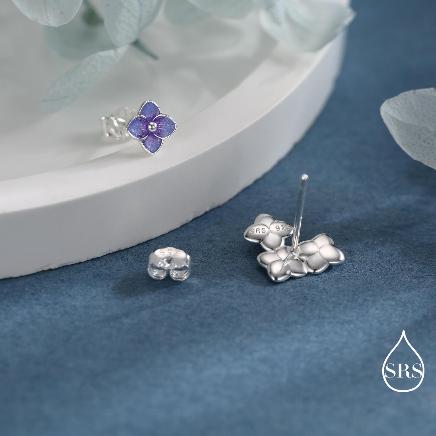 Asymmetric Hand Painted Enamel Hydrangea Flower Bouquet Stud Earrings in Sterling Silver, Enamel Hydrangea Flower Earrings