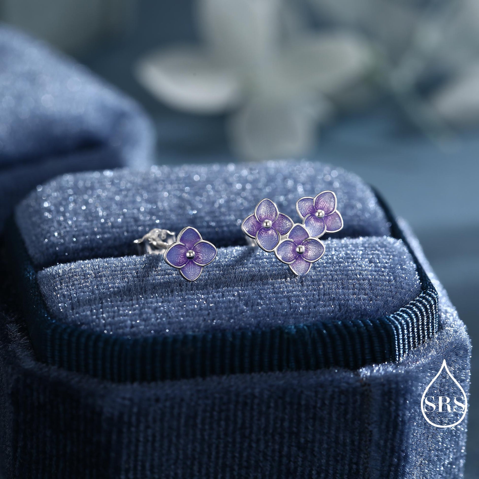 Asymmetric Hand Painted Enamel Hydrangea Flower Bouquet Stud Earrings in Sterling Silver, Enamel Hydrangea Flower Earrings