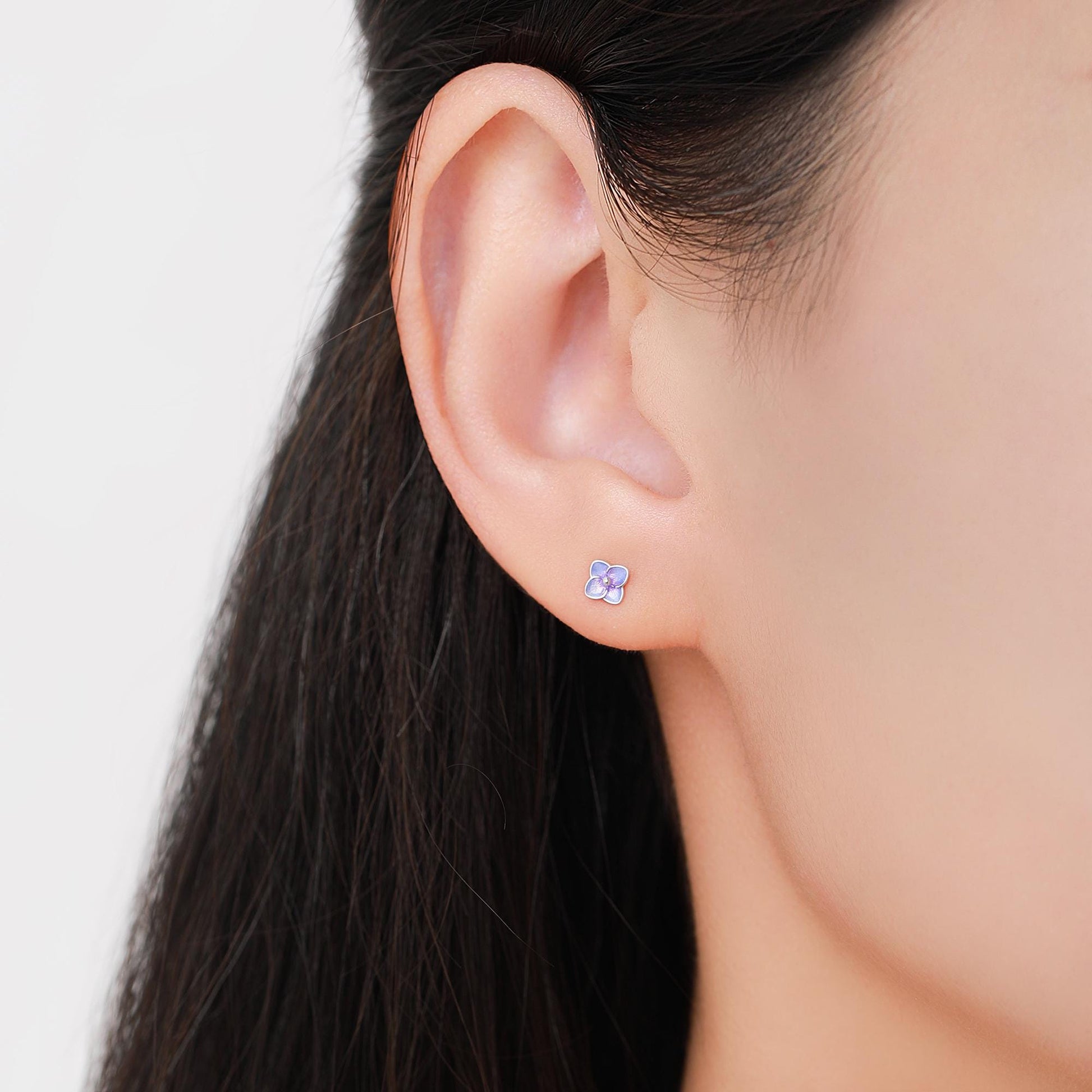 Asymmetric Hand Painted Enamel Hydrangea Flower Bouquet Stud Earrings in Sterling Silver, Enamel Hydrangea Flower Earrings