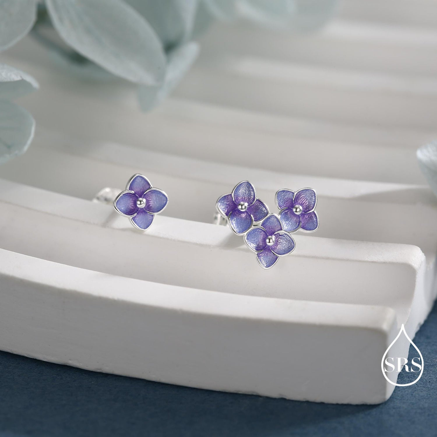 Asymmetric Hand Painted Enamel Hydrangea Flower Bouquet Stud Earrings in Sterling Silver, Enamel Hydrangea Flower Earrings