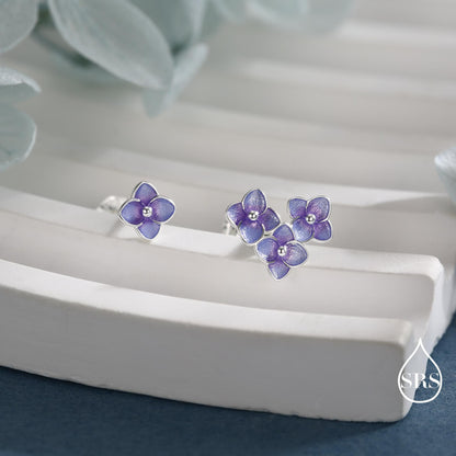 Asymmetric Hand Painted Enamel Hydrangea Flower Bouquet Stud Earrings in Sterling Silver, Enamel Hydrangea Flower Earrings