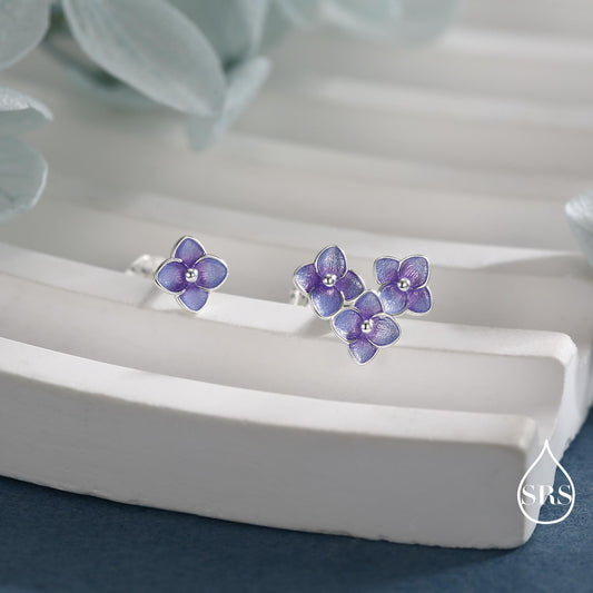 Asymmetric Hand Painted Enamel Hydrangea Flower Bouquet Stud Earrings in Sterling Silver, Enamel Hydrangea Flower Earrings