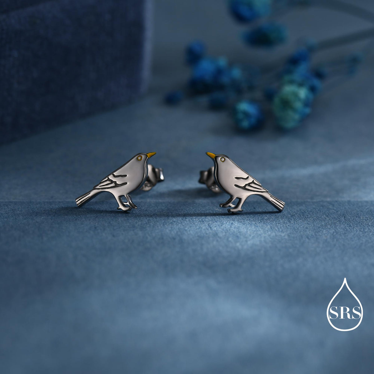 Little Black Bird Stud Earrings in Sterling Silver with Yellow Beak - Black Rhodium Coated Sterling Silver, Animal Stud Earrings