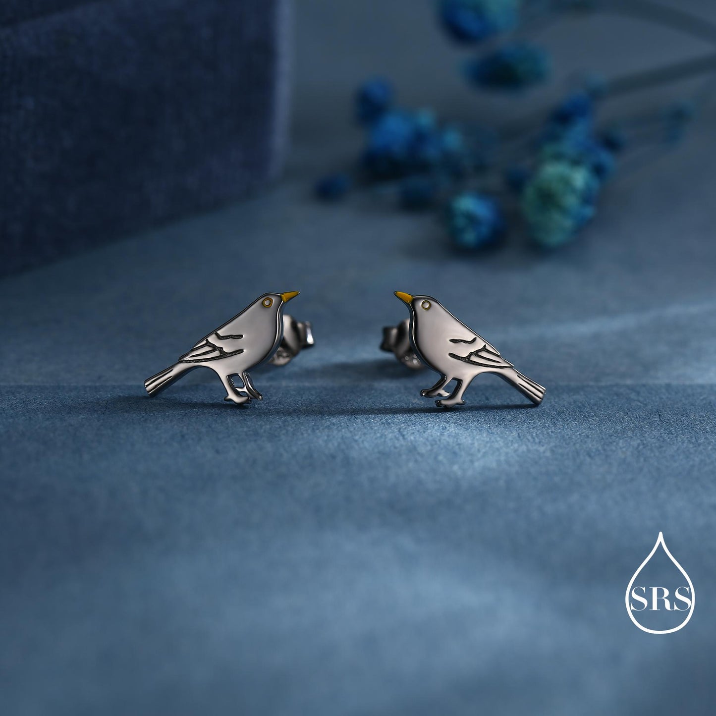 Little Black Bird Stud Earrings in Sterling Silver with Yellow Beak - Black Rhodium Coated Sterling Silver, Animal Stud Earrings