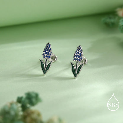 Grape Hyacinth Sterling Silver Stud Earrings, Spring Bloom Flower Earrings, Enamel Hyacinth Earrings