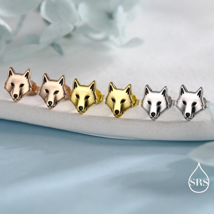 Wolf Head Stud Earrings in Sterling Silver, Silver or Gold or Rose Gold Finish, Wolf Earrings, Nature Inspired Animal Earrings