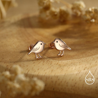 Chickadee Bird Stud Earrings in Sterling Silver, Silver or Gold or Rose Gold, Polished Cute Bird Earrings, Nature Inspired Animal Earrings