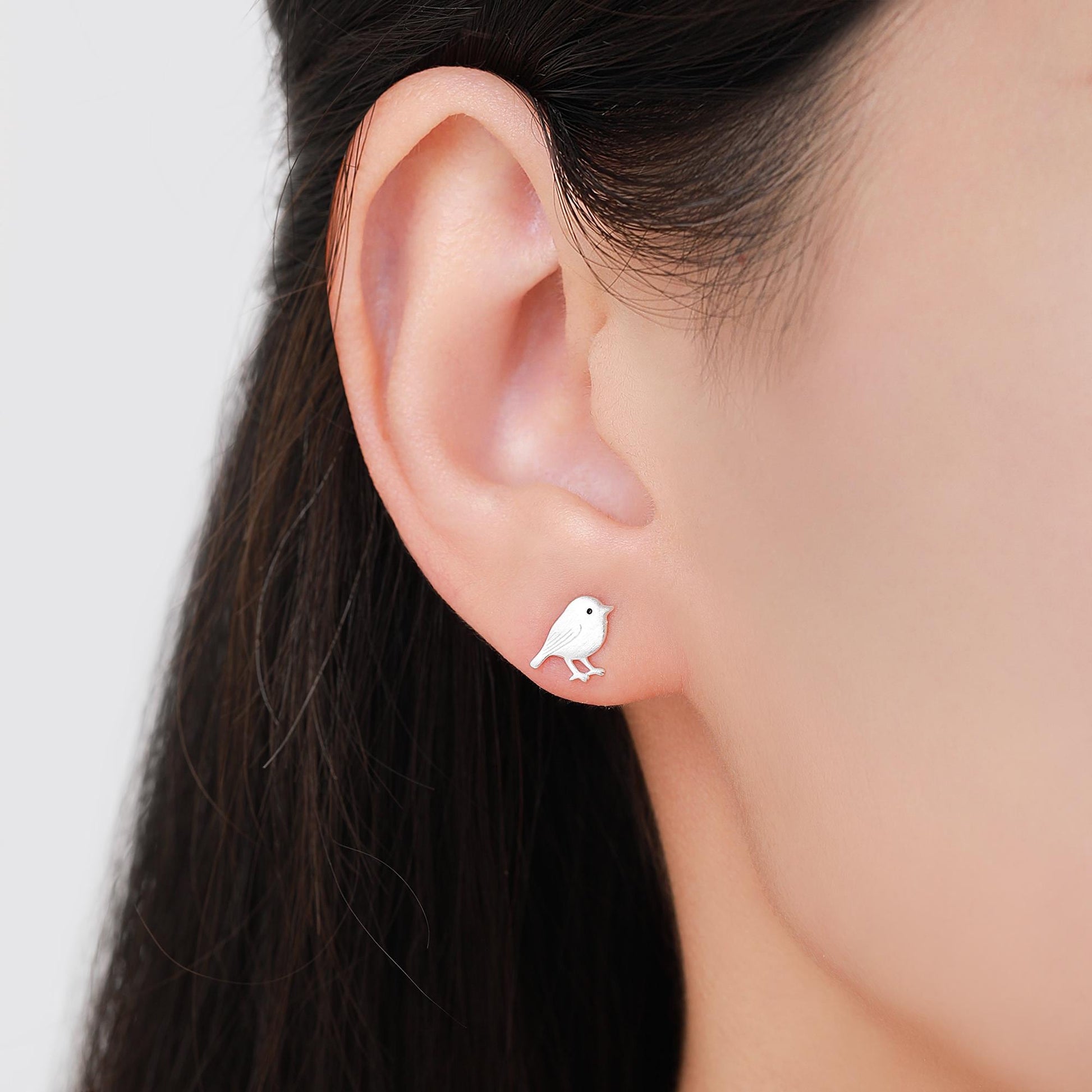 Chickadee Bird Stud Earrings in Sterling Silver, Brushed Textured Finish, Cute Bird Earrings, Nature Inspired Animal Earrings