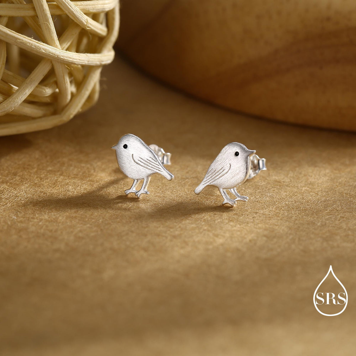 Chickadee Bird Stud Earrings in Sterling Silver, Brushed Textured Finish, Cute Bird Earrings, Nature Inspired Animal Earrings