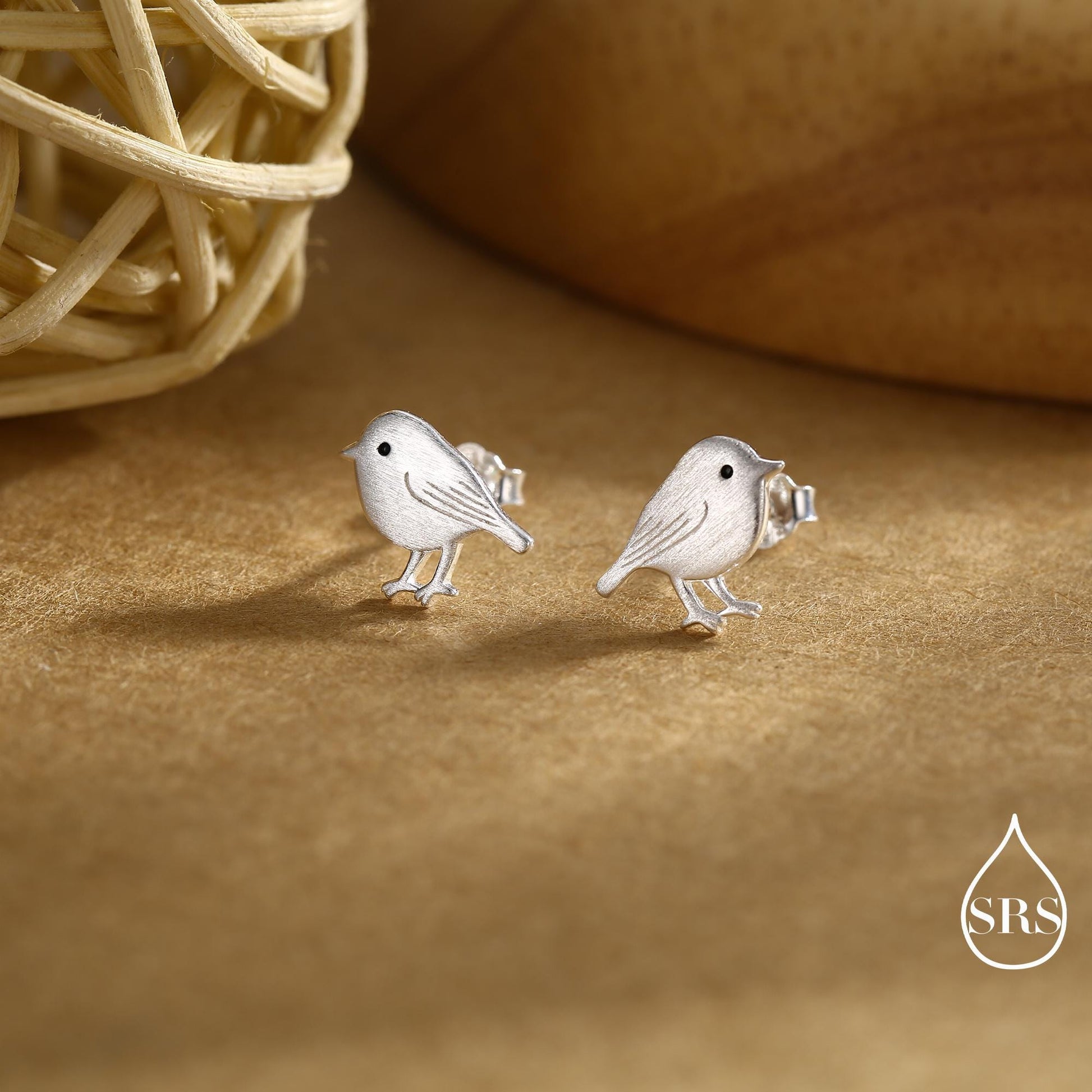 Chickadee Bird Stud Earrings in Sterling Silver, Brushed Textured Finish, Cute Bird Earrings, Nature Inspired Animal Earrings