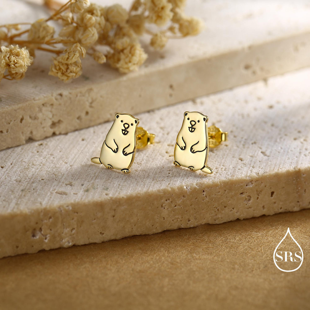 Groundhog Sterling Silver Stud Earrings, Silver or Gold or Rose Gold Finish, Small Beaver Dog Earrings, Nature Inspired Animal Earrings