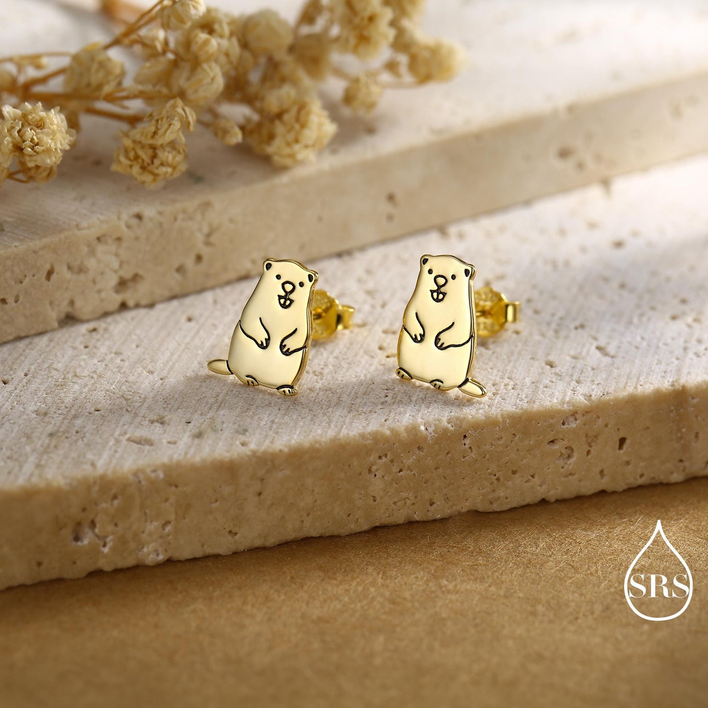 Groundhog Sterling Silver Stud Earrings, Silver or Gold or Rose Gold Finish, Small Beaver Dog Earrings, Nature Inspired Animal Earrings
