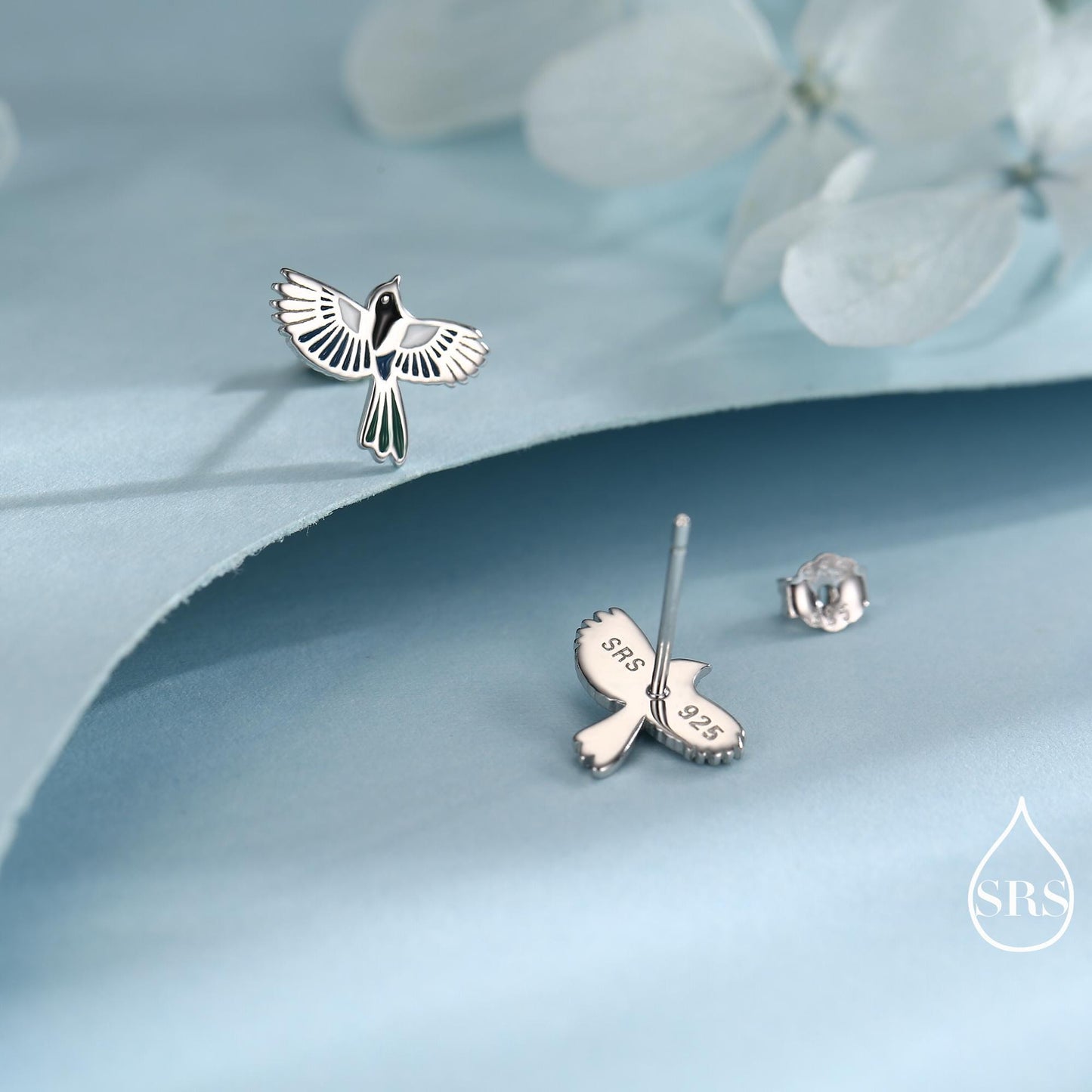 Enamel Magpie Bird Stud Earrings in Sterling Silver, Flying Magpie Bird Earrings, Nature Inspired Animal Earrings, Magpie Stud