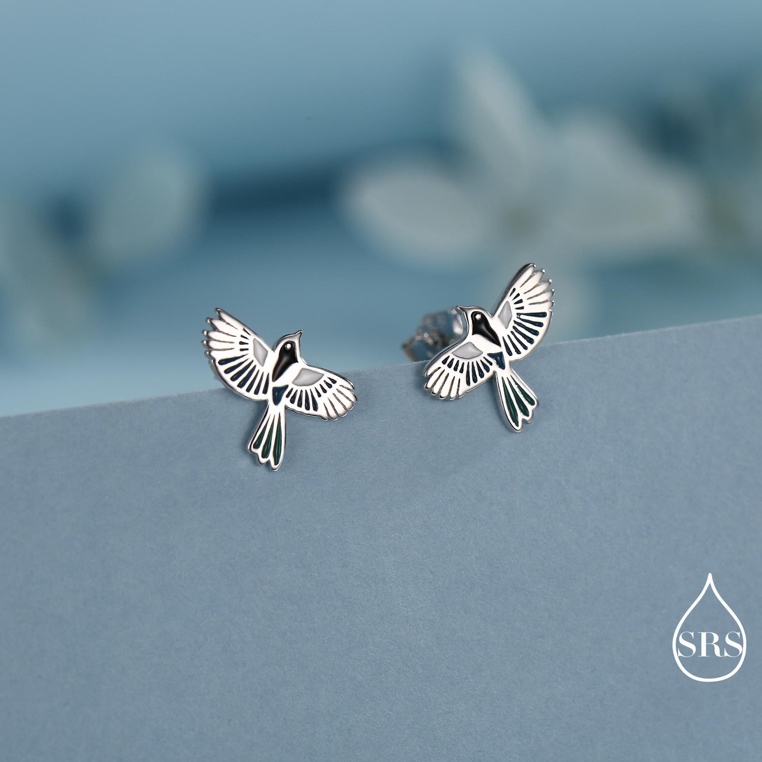 Enamel Magpie Bird Stud Earrings in Sterling Silver, Flying Magpie Bird Earrings, Nature Inspired Animal Earrings, Magpie Stud
