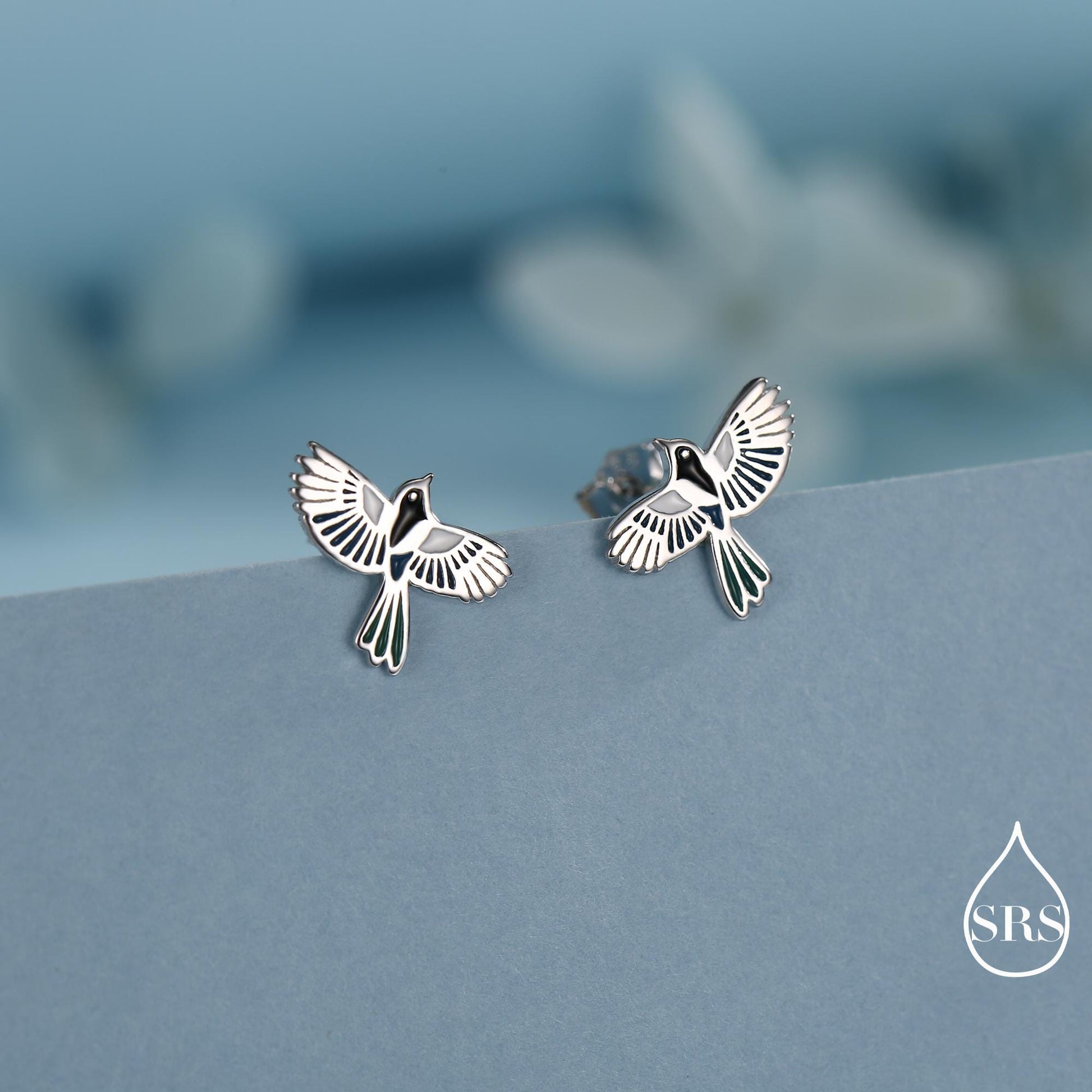 Enamel Magpie Bird Stud Earrings in Sterling Silver, Flying Magpie Bird Earrings, Nature Inspired Animal Earrings, Magpie Stud