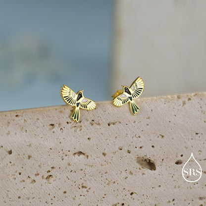 Enamel Magpie Bird Stud Earrings in Sterling Silver, Flying Magpie Bird Earrings, Nature Inspired Animal Earrings, Magpie Stud
