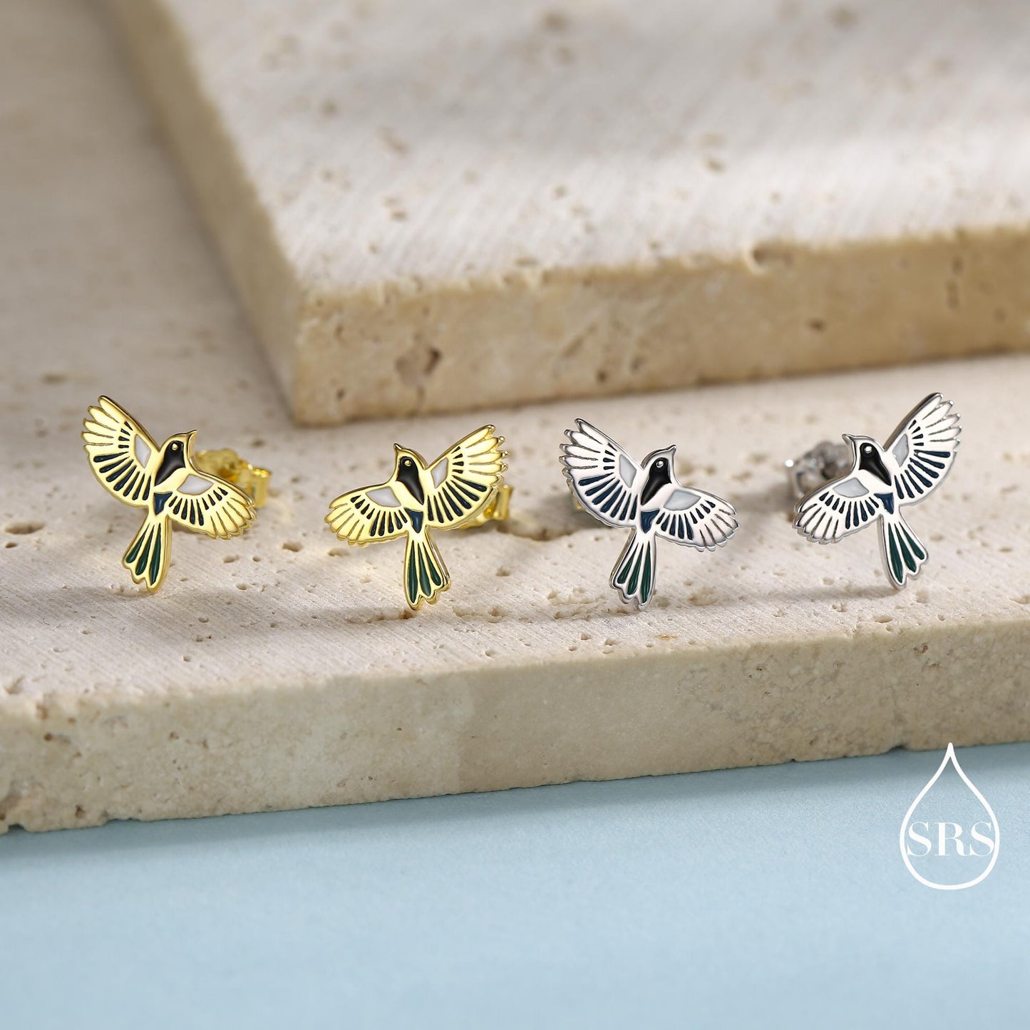 Enamel Magpie Bird Stud Earrings in Sterling Silver, Flying Magpie Bird Earrings, Nature Inspired Animal Earrings, Magpie Stud
