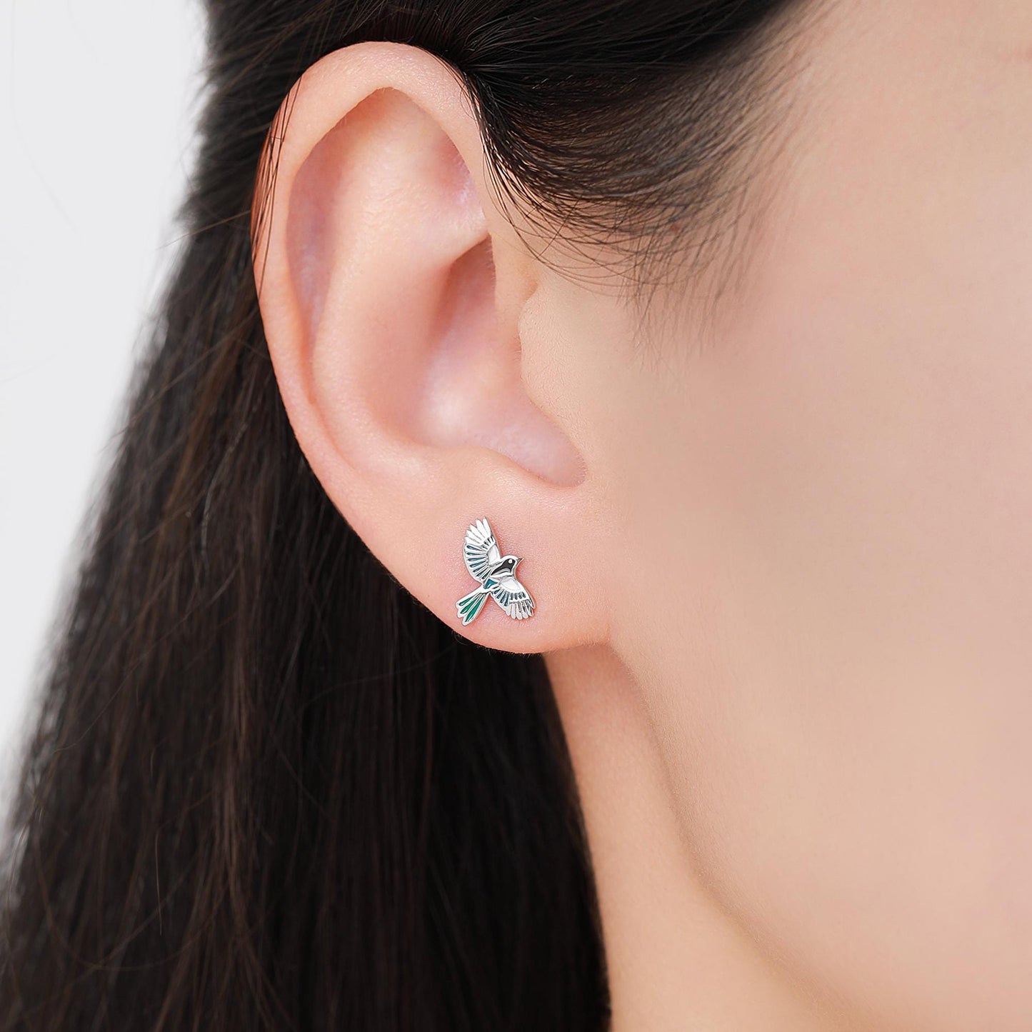 Enamel Magpie Bird Stud Earrings in Sterling Silver, Flying Magpie Bird Earrings, Nature Inspired Animal Earrings, Magpie Stud