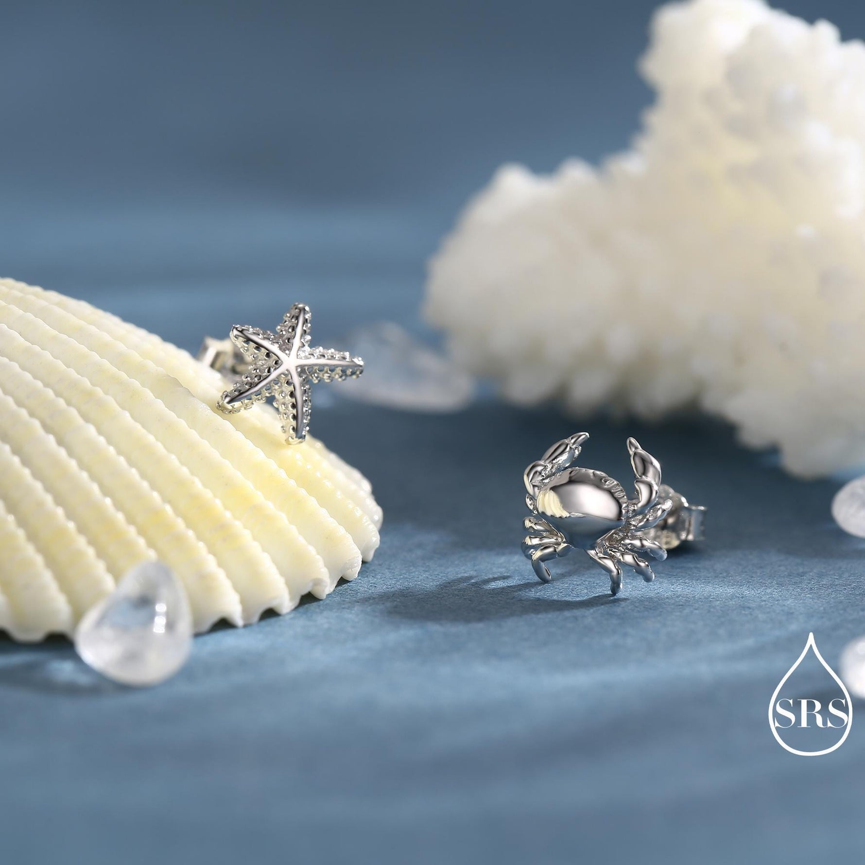 Sterling Silver Mismatched Crab and Starfish Stud Earrings, Asymmetric Ocean Creature Earrings, Cute and Quirky