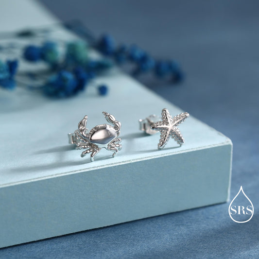 Sterling Silver Mismatched Crab and Starfish Stud Earrings, Asymmetric Ocean Creature Earrings, Cute and Quirky