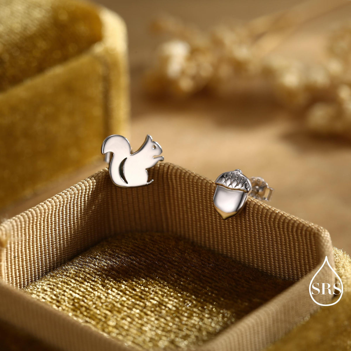 Mismatched Squirrel and Acorn Stud Earrings in Sterling Silver, Silver or Gold, Squirrel Earrings, Asymmetric Squirrel and Nut Earrings