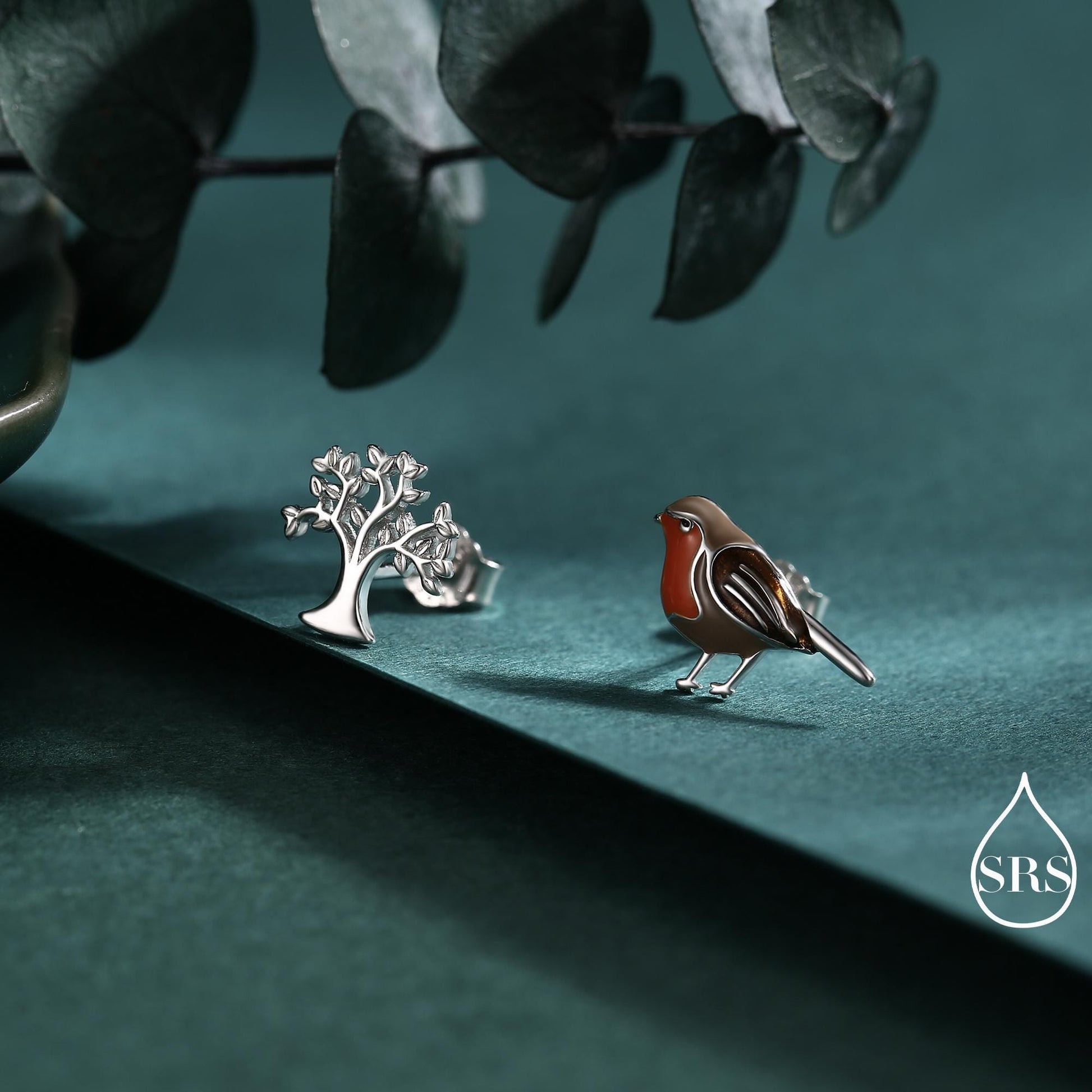 Mismatched Robin Bird and Tree Stud Earrings in Sterling Silver, Cute Enamel Robin Bird Earrings, Nature Inspired Animal Earrings
