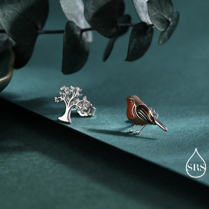 Mismatched Robin Bird and Tree Stud Earrings in Sterling Silver, Cute Enamel Robin Bird Earrings, Nature Inspired Animal Earrings
