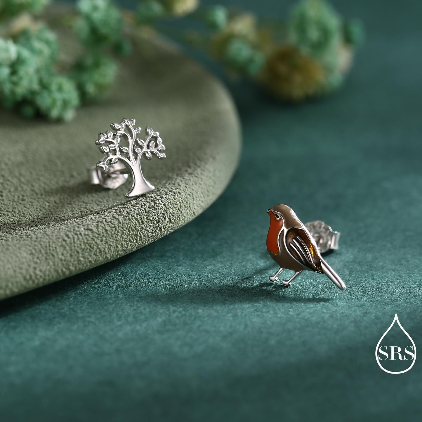 Mismatched Robin Bird and Tree Stud Earrings in Sterling Silver, Cute Enamel Robin Bird Earrings, Nature Inspired Animal Earrings